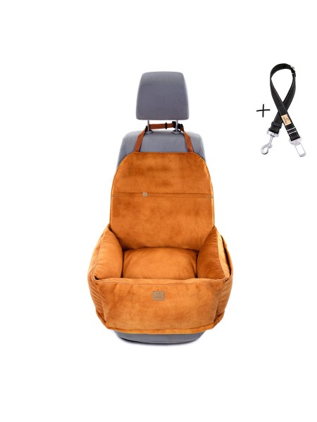 "Ero Soft" dog car seat VELVET water repellent COGNAC size M WITH SEAT BELT