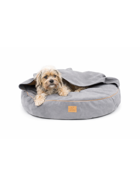 Dog bed round cushion with blanket VELVET LIGHT GREY